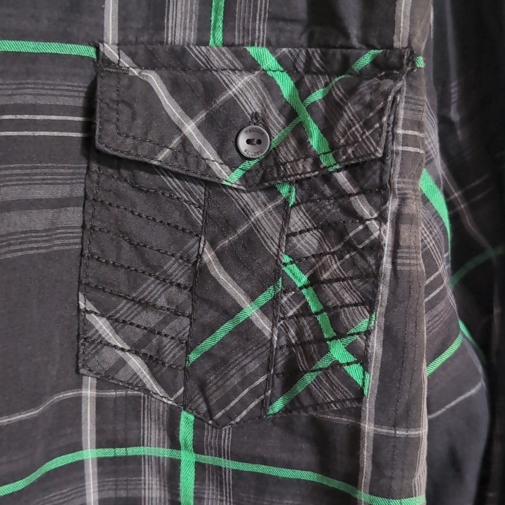 Machine Men's Black Green Plaid Long Sleeve Button Up Size XXL - Picture 3 of 5